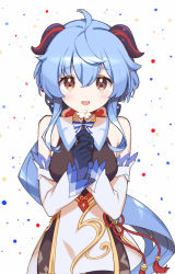 Rule 34 | ahoge, bare shoulders, bell, black gloves, blue hair, blush, bow, bowtie, breasts, chinese knot, detached sleeves, flower, flower knot, ganyu (genshin impact), genshin impact, gloves, gold trim, highres, horns, long hair, looking at viewer, medium breasts, mitsuki meia, neck bell, purple eyes, sidelocks, smile, solo, standing, tassel, thighlet, vision (genshin impact), white sleeves