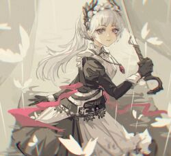 Rule 34 | 1girl, absurdres, apron, arknights, black dress, black gloves, chinese commentary, collared dress, commentary, dress, frilled apron, frills, gloves, grey eyes, grey hair, head wings, highres, holding, holding sword, holding weapon, irene (arknights), irene (voyage of feathers) (arknights), juliet sleeves, liangkuaiquqi91236, long hair, long sleeves, looking at viewer, ponytail, puffy sleeves, red eyes, solo, sword, very long hair, weapon, white apron, wings