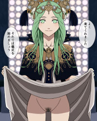 Rule 34 | 1girl, closed mouth, clothes lift, collarbone, dress, dress lift, feet out of frame, female focus, female pubic hair, fire emblem, fire emblem: three houses, flower, gluteal fold, green eyes, green hair, groin, hair flower, hair ornament, headdress, highres, legs together, lifted by self, lips, long hair, looking at viewer, matching hair/eyes, na lu, nintendo, pubic hair, rhea (fire emblem), skirt, skirt lift, smile, solo, speech bubble, standing, translation request