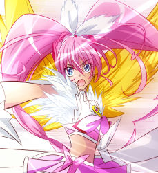 Rule 34 | 10s, 1girl, bad id, bad pixiv id, blue eyes, bow, crescendo cure melody, cure melody, cure melody (crescendo), dress, eyelashes, hairband, houjou hibiki, long hair, magical girl, midriff, namizou, pink bow, pink hair, precure, serious, solo, suite precure, twintails, wings