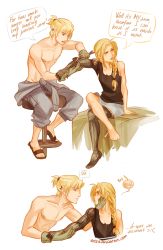 Rule 34 | &gt;:(, 1boy, 1girl, blonde hair, blue eyes, braid, braided ponytail, chair, couple, crossed legs, ear piercing, edward elric, english text, eye contact, flip-flops, frown, fullmetal alchemist, genderswap, genderswap (ftm), genderswap (mtf), gloves, hair tie, hand on another&#039;s chin, hetero, highres, looking at another, mechanical arms, mechanical legs, orange eyes, piercing, ponytail, sandals, short shorts, shorts, single mechanical arm, single mechanical leg, sitting, tank top, topless male, v-shaped eyebrows, viria13, watermark, web address, winry rockbell, wrench