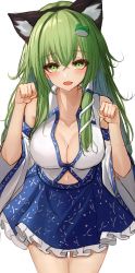 Rule 34 | 1girl, 7saki, animal ears, bad id, bad twitter id, bent over, blue skirt, blush, breasts, cat ears, cleavage, collarbone, detached sleeves, fake animal ears, fang, frilled skirt, frills, frog hair ornament, green eyes, green hair, hair between eyes, hair ornament, highres, kochiya sanae, large breasts, long hair, long sleeves, looking at viewer, miniskirt, navel, nontraditional miko, open mouth, paw pose, sidelocks, skirt, snake hair ornament, solo, standing, touhou, upper body, white sleeves, wide sleeves