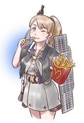 Rule 34 | 1girl, ;), belt, belt buckle, belt pouch, black jacket, blue background, blue eyes, blush, breasts, brown hair, buckle, closed mouth, collared dress, cropped jacket, cropped legs, dress, flight deck, food, french fries, gradient background, grey dress, grey neckerchief, hair tie, highres, holding, holding food, intrepid (kancolle), jacket, kantai collection, karasu (naoshow357), lips, long hair, looking at viewer, mcdonald&#039;s, medium breasts, neckerchief, one eye closed, outstretched arm, ponytail, pouch, short sleeves, smile, solo, standing