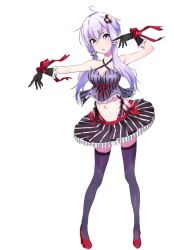 Rule 34 | 1girl, :o, domo1220, full body, gloves, hair ornament, halterneck, long hair, looking at viewer, low twintails, midriff, navel, purple eyes, purple hair, ribbon, skirt, solo, striped, thighhighs, transparent background, twintails, vertical stripes, vocaloid, voiceroid, white background, yuzuki yukari