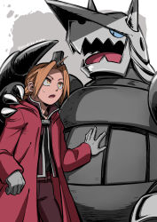 Rule 34 | 1boy, aggron, black shirt, blonde hair, blue eyes, brown jacket, brown pants, coat, creatures (company), crossover, edward elric, fullmetal alchemist, game freak, gen 3 pokemon, gloves, grey gloves, hair intakes, hand on another&#039;s shoulder, highres, jacket, looking up, nintendo, open clothes, open jacket, open mouth, pants, piyohiko moru, pokemon, pokemon (creature), pokemon rse, red coat, shirt, short hair, sketch, standing, sweatdrop, twitter username, yellow eyes