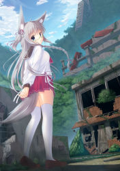 Rule 34 | 1girl, ahoge, animal ears, blue eyes, braid, building, cloud, cloudy sky, day, forest, fox ears, fox tail, from behind, full body, glasses, green-framed eyewear, grey hair, hair ribbon, highres, loafers, long hair, long sleeves, looking at viewer, looking back, misaki yuu, nature, open mouth, original, outdoors, pleated skirt, ribbon, ruins, school uniform, serafuku, shoes, skirt, sky, solo, standing, sunlight, tail, thighhighs, white thighhighs