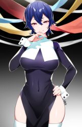 Rule 34 | 1girl, blue hair, breasts, commission, covered navel, cowboy shot, hand on own hip, highres, large breasts, nun, original, red eyes, short hair, skeb commission, sleeve cuffs, solo, thick thighs, thighhighs, thighs, tochi keisuke