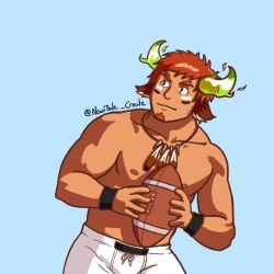 Rule 34 | 1boy, abs, alt text, american football, american football uniform, animal ear fluff, animal ears, ball, bara, brown eyes, brown hair, bulge, carrying, closed mouth, cow ears, cow horns, cowboy, cowboy shot, cowboy western, facial hair, glowing horns, goatee, highres, horns, large pectorals, male focus, mature male, muscular, muscular male, nipples, no shirt, nowifate create, pectorals, self-upload, short hair, solo, sportswear, stubble, thick eyebrows, thick thighs, thighs, tokyo houkago summoners, upper body, wakan tanka, western