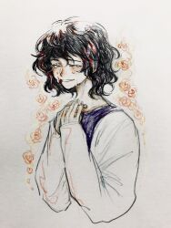 Rule 34 | 1girl, black hair, blood, blood in hair, blood on face, closed eyes, colored pencil (medium), commentary request, crying, hands on own chest, highres, jacket, purple shirt, s-sullivan, saibou shinkyoku, shirt, short hair, simple background, smile, solo, traditional media, upper body, white background, white jacket, yanagi nina