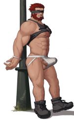 Rule 34 | 1boy, abs, ass, bara, beard, black tank top, blindfold, bound, bound wrists, bulge, chest hair, clothes lift, commission, erection, erection under clothes, facial hair, fate/extella, fate/extella link, fate/extra, fate (series), full body, hairy, helbai, highres, iskandar (fate), jockstrap, large pectorals, leg hair, male focus, male underwear, mature male, muscular, muscular male, navel, navel hair, nipples, no pants, official alternate costume, pectorals, red hair, shirt lift, short hair, solo, stomach, tank top, thick thighs, thighs, underwear, white male underwear