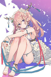Rule 34 | 1girl, :o, anklet, antlers, armband, bare shoulders, barefoot, blush, breasts, choker, feet, fingernails, flower, frilled choker, frills, hair flower, hair ornament, head tilt, horn ornament, horns, jewelry, long hair, looking at viewer, nail polish, open mouth, orange hair, original, panties, pantyshot, pointy ears, purple eyes, sitting, small breasts, solo, striped clothes, striped panties, tajima ryuushi, tassel, toeless legwear, toenail polish, toenails, toes, twintails, underwear, white flower