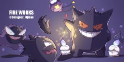 Rule 34 | blush stickers, creatures (company), designer ojisan, drifloon, closed eyes, fang, fangs, fire, fireworks, fire, game freak, gastly, gen 1 pokemon, gen 3 pokemon, gen 4 pokemon, gen 5 pokemon, gengar, grin, haunter, highres, holding, litwick, nintendo, no humans, one eye closed, open mouth, pokemon, pokemon (creature), shuppet, simple background, skin fang, smile, sparkler, star (symbol), teeth, tongue, twitter username