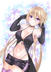 Rule 34 | 1girl, absurdres, blonde hair, breasts, cleavage, dress, highres, large breasts, legs, lieselotte sherlock, long hair, looking at viewer, midriff, navel, purple eyes, shorts, smile, solo, thighs, thong, trinity seven, twintails