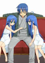 Rule 34 | 00s, 2girls, age difference, ahoge, bare shoulders, barefoot, blue hair, closed eyes, dress, duplicate, facial hair, family, father and daughter, feet, goatee stubble, green eyes, izumi kanata, izumi konata, izumi soujirou, lasterk, long hair, lucky star, md5 mismatch, mole, mole under eye, mother and daughter, multiple girls, pointing, purple hair, robe, sigh, sitting, smile, stubble, time paradox, translated, very long hair