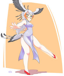 Rule 34 | 10s, 1girl, alternate costume, artist name, blonde hair, blush, china dress, chinese clothes, dress, feathered wings, feathers, glasses, grey hair, head wings, high heels, highres, kemono friends, long hair, multicolored hair, orange hair, secretarybird (kemono friends), solo, standing, standing on one leg, uho (uhoyoshi-o), white background, wings, yellow eyes