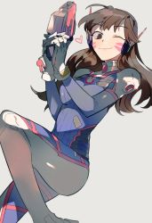 Rule 34 | 1girl, ;), armor, bodysuit, boots, breasts, brown eyes, brown hair, charm (object), cowboy shot, d.va (overwatch), eyebrows, facepaint, facial mark, gloves, gun, handgun, headphones, heart, high collar, holding, holding gun, holding weapon, long hair, looking at viewer, medium breasts, one eye closed, overwatch, overwatch 1, pauldrons, pilot suit, shoulder armor, shoulder pads, smile, solo, spoken heart, sssen, thigh boots, thighhighs, turtleneck, weapon, whisker markings, white footwear, white gloves