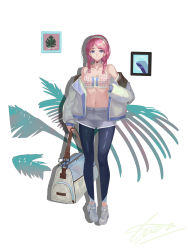 Rule 34 | 1girl, absurdres, arknights, bag, bare shoulders, blue eyes, blue pants, blue poison (arknights), blue poison (shoal beat) (arknights), blue shorts, braid, breasts, choker, cleavage, collarbone, commentary, crop top, drop shadow, full body, hairband, highres, holding, holding bag, jacket, leggings, leggings under shorts, long hair, long sleeves, looking at viewer, midriff, navel, obsession, off shoulder, pants, pantyhose, pink hair, shoes, short shorts, shorts, simple background, small breasts, sneakers, solo, spaghetti strap, sports bra, standing, stomach, twin braids, white background, white footwear, white hairband, white jacket
