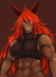 Rule 34 | 1girl, 2018, abs, airisubaka, alternate hair color, angry, animal ears, black skirt, brown background, clenched teeth, dark-skinned female, dark skin, drooling, facial mark, glowing, glowing hair, highres, long hair, looking at viewer, midriff, mole, mole on stomach, muscular, muscular female, original, red hair, shirt, sketch, skirt, sleeveless, sleeveless shirt, solo, sparks, teeth, turtleneck, upper body, v-shaped eyebrows, vera (airisubaka), white eyes, wolf ears, wolf girl