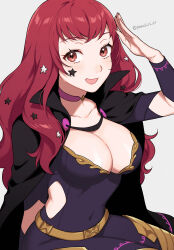Rule 34 | 1girl, belt, black cape, bodysuit, breasts, cape, choker, clothing cutout, facial mark, fire emblem, fire emblem engage, gold belt, hair ornament, highres, large breasts, looking at viewer, nintendo, open mouth, peach11 01, pink choker, purple bodysuit, red eyes, red hair, side cutout, smile, solo, star (symbol), star facial mark, star hair ornament, yellow belt, yunaka (fire emblem)