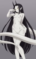 Rule 34 | 1girl, black hair, breasts, cleft of venus, colored sclera, colored skin, commission, completely nude, copyright request, grey skin, grin, highres, hip bones, horns, long hair, looking at viewer, monster girl, mustee, narrow waist, nipples, nude, pointy ears, pussy, ribs, simple background, skeb commission, skinny, small breasts, smile, solo, spot color, standing, tail, uncensored, very long hair, white eyes, yellow sclera