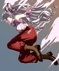 Rule 34 | 1girl, air current, boots, bow, brown footwear, commentary, fujiwara no mokou, gradient background, hair bow, hair ribbon, highres, kikoka (mizuumi), long hair, outline, pants, red eyes, red pants, ribbon, silver hair, sleeveless, solo, suspenders, torn clothes, torn sleeves, touhou, tress ribbon, very long hair, white outline