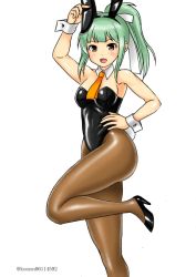 Rule 34 | 1girl, alternate breast size, alternate costume, animal ears, black footwear, black leotard, bow, bowtie, breasts, brown pantyhose, covered navel, detached collar, fake animal ears, full body, green hair, grey hair, hair bow, high heels, kantai collection, kudou (ooabareteng), leotard, medium breasts, open mouth, pantyhose, playboy bunny, ponytail, rabbit ears, smile, solo, standing, standing on one leg, strapless, strapless leotard, wrist cuffs, yuubari (kancolle)