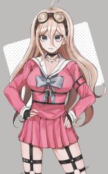 Rule 34 | 1girl, absurdres, antenna hair, barbed wire, black choker, blonde hair, blue eyes, bojue (hakus 1128), bow, breasts, choker, cleavage, collarbone, cowboy shot, danganronpa (series), danganronpa v3: killing harmony, fingerless gloves, gloves, goggles, goggles on head, grey background, grey bow, hair between eyes, hands on own hips, highres, iruma miu, large breasts, long hair, long sleeves, looking at viewer, medium breasts, o-ring, parted lips, pleated skirt, school uniform, serafuku, shirt, skirt, solo, standing, symbol-only commentary, unmoving pattern
