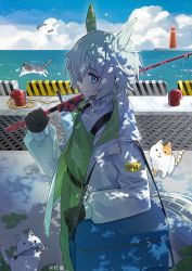 Rule 34 | 1girl, absurdres, animal ears, artist name, bird, black gloves, blue eyes, cat ears, closed mouth, cloud, cooler, day, dock, fishing rod, gloves, green overalls, grey hair, highres, horizon, horse ears, horse girl, horse tail, jacket, lighthouse, long sleeves, looking at viewer, ocean, outdoors, overalls, pier, seiun sky (umamusume), shidare (youh4016), short hair, sideways mouth, smile, solo, standing, tail, turtleneck, umamusume, white jacket