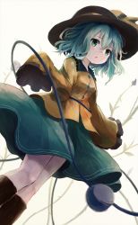 Rule 34 | 1girl, :o, aqua eyes, aqua hair, ar (maeus), black footwear, black hat, blouse, blush, boots, buttons, check commentary, collared shirt, commentary, commentary request, diamond button, eyeball, frilled shirt collar, frills, green skirt, hat, highres, komeiji koishi, long sleeves, medium hair, plant, ribbon, shirt, simple background, skirt, sleeves past fingers, sleeves past wrists, solo, third eye, thorns, touhou, vines, wavy hair, white background, wide sleeves, yellow ribbon, yellow shirt