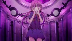 Rule 34 | 1girl, blush, bow, bowtie, gasai yuno, glowing, glowing eyes, hair between eyes, hair bow, hands on own cheeks, hands on own face, highres, long hair, looking at viewer, miniskirt, mirai nikki, open mouth, pink eyes, pink hair, reio reio, school uniform, short sleeves, skirt, solo, twintails, yandere trance