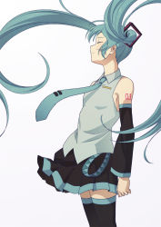 Rule 34 | 1girl, armpit crease, arms at sides, bad id, bad pixiv id, bare shoulders, black skirt, black thighhighs, blue hair, blue necktie, breasts, clenched hand, closed eyes, closed mouth, clothes lift, collared shirt, detached sleeves, expressionless, facing away, feet out of frame, floating hair, grey shirt, hatsune miku, legs together, light blush, long hair, necktie, number tattoo, pleated skirt, profile, shirt, shoulder tattoo, simple background, skirt, skirt lift, sleeveless, sleeveless shirt, small breasts, solo, standing, tattoo, thighhighs, torla16, twintails, underboob, vocaloid, white background, zettai ryouiki