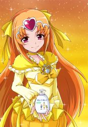 Rule 34 | 10s, 1girl, akanex829, bad id, bad pixiv id, bow, brooch, bubble skirt, choker, circlet, cure muse, cure muse (yellow), dress, gradient background, hair bow, heart, jewelry, long hair, magical girl, naruru (akanex829), orange background, orange hair, pink eyes, precure, shirabe ako, skirt, smile, solo, suite precure, yellow background, yellow dress, yellow skirt