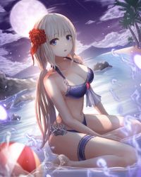 Rule 34 | 1girl, absurdres, bad id, bad pixiv id, ball, beachball, bikini, blue eyes, blush, breasts, cleavage, from side, full moon, gya (144), highres, large breasts, long hair, looking at viewer, moon, night, night sky, original, outdoors, palm tree, parted lips, purple bikini, seiza, silver hair, sitting, sky, solo, swimsuit, tree