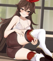 Rule 34 | 1girl, amber (genshin impact), aruman, blush, boots, bra, breasts, brown eyes, brown hair, brown shorts, cleavage, collarbone, commentary, crossed bangs, from side, genshin impact, gold trim, hair between eyes, hairband, hands on own thighs, highres, indoors, long hair, looking at viewer, medium breasts, muntins, paid reward available, red ribbon, ribbon, shorts, sitting, smile, solo, thigh boots, underwear, variant set, white bra, white footwear, window