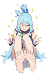 1girl aqua_(konosuba) barefoot blue_hair blush closed_eyes cyjalway double_v feet kono_subarashii_sekai_ni_shukufuku_wo! long_hair looking_at_viewer open_mouth soles toes v