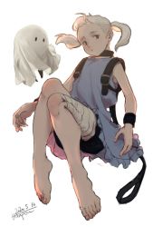 Rule 34 | 1girl, bandaged leg, bandages, bangs pinned back, bare shoulders, barefoot, black collar, bloomers, closed mouth, collar, cuffs, dated, dress, feet, fio (nier), full body, grey eyes, hanpen (higepiyo), long hair, looking at viewer, mama (nier), nier (series), nier reincarnation, simple background, sleeveless, sleeveless dress, twintails, underwear, white background, white dress
