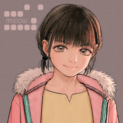 Rule 34 | 1girl, bad id, bad pixiv id, brown eyes, brown hair, child, circle name, closed mouth, fur-trimmed jacket, fur trim, grey background, highres, jacket, light smile, logo, looking at viewer, open clothes, open jacket, original, pink jacket, rustle, shirt, short hair, short twintails, simple background, solo, twintails, upper body, yellow shirt