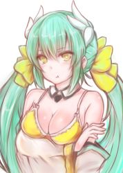 Rule 34 | 1girl, :t, aleixww, alternate costume, aqua eyes, bare shoulders, bikini, bikini top only, blush, breasts, cleavage, detached collar, detached sleeves, fate/grand order, fate (series), green hair, horns, kiyohime (fate), kiyohime (fate/grand order), kiyohime (swimsuit lancer) (fate), kiyohime (swimsuit lancer) (first ascension) (fate), long hair, looking at viewer, low twintails, medium breasts, short twintails, simple background, solo, swimsuit, twintails, upper body, white background, wide sleeves, yellow eyes