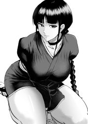 Rule 34 | 1girl, arms between legs, bleach, blunt bangs, braid, braided ponytail, breasts, choker, daraz, greyscale, highres, kurotsuchi nemu, large breasts, long hair, long sleeves, monochrome, seiza, simple background, sitting, solo, thighs, white background