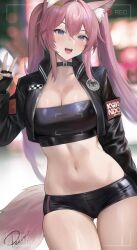 Rule 34 | 1girl, :d, animal ear fluff, animal ears, black gloves, black jacket, blue eyes, blurry, blurry background, blush, breasts, cleavage, duplicate, fingerless gloves, gloves, hand up, highres, jacket, large breasts, leather, leather jacket, long hair, long sleeves, midriff, navel, open mouth, original, pink hair, preview (preview0), signature, smile, solo, stomach, tail, twintails, v, viewfinder