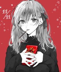 Rule 34 | 1girl, black sweater, blush, eating, fate/stay night, fate (series), food, hair between eyes, hair ribbon, hand on own chest, highres, holding, holding food, long sleeves, looking at viewer, matou sakura, open mouth, pocky, red background, ribbon, shimatori (sanyyyy), short hair, simple background, solo, star (symbol), sweater