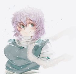 Rule 34 | 1girl, bad id, bad pixiv id, blue eyes, breasts, eyebrows, female focus, iroyopon, letty whiterock, light purple hair, medium breasts, plump, scarf, short hair, smile, snow, solo, thick eyebrows, touhou, white scarf
