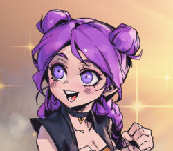 Rule 34 | 1girl, blush, breasts, cleavage, k/da (league of legends), k/da kai&#039;sa, kai&#039;sa, league of legends, looking to the side, medium breasts, official alternate costume, official alternate hairstyle, open mouth, phantom ix row, purple eyes, purple hair, smile, solo, sparkle, teeth