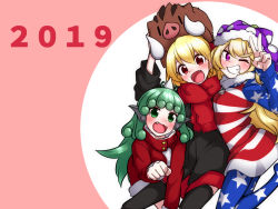 Rule 34 | 2019, 3girls, ;d, american flag jacket, american flag legwear, animal, animal ears, arm up, arms up, black jacket, black legwear, blonde hair, boar, clownpiece, commentary request, fang, fangs, fur collar, green eyes, green hair, grin, hat, holding, holding animal, horns, jacket, jester cap, kameyan, komano aunn, long hair, long sleeves, looking at viewer, multiple girls, new year, one eye closed, open mouth, pantyhose, pink background, polka dot, purple eyes, red eyes, red jacket, red scarf, revision, rumia, scarf, short hair, single horn, smile, star-shaped pupils, star (symbol), symbol-shaped pupils, thighhighs, touhou, v, zipper