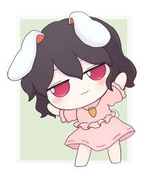 Rule 34 | 1girl, :3, animal ears, barefoot, black hair, dress, floppy ears, frilled dress, frilled sleeves, frills, full body, fumo (doll), highres, inaba tewi, pink dress, puffy short sleeves, puffy sleeves, rabbit ears, rabbit tail, red eyes, rei (tonbo0430), ribbon-trimmed dress, short hair, short sleeves, simple background, smile, solo, tail, touhou, wavy hair, white background