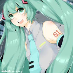 Rule 34 | 10s, 1girl, 2013, dated, detached sleeves, green eyes, green hair, hatsune miku, highres, long hair, matching hair/eyes, necktie, open mouth, solo, trfsan, twintails, vocaloid