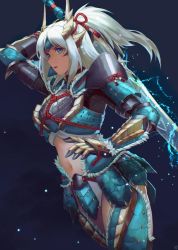Rule 34 | 1girl, absurdres, armor, blue eyes, breastplate, clothing cutout, faulds, gauntlets, highres, holding, holding sword, holding weapon, kankitsurui (house of citrus), long hair, monster hunter (series), monster hunter rise, navel, pauldrons, ponytail, shoulder armor, solo, stomach cutout, sword, weapon, white hair, zinogre (armor)