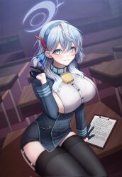 Rule 34 | 1girl, ako (blue archive), bell, black gloves, black skirt, black thighhighs, blue archive, blue dress, blue eyes, blue hair, blue hairband, blue halo, breasts, closed mouth, desk, dress, gloves, hair between eyes, hairband, halo, highres, hokkul, holding, holding pen, indoors, large breasts, looking at viewer, medium breasts, neck bell, pen, school desk, shirt, sideboob, sideboob cutout, sitting, sitting on table, skirt, smile, solo, thighhighs, white shirt