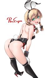 Rule 34 | 1girl, animal ears, ass, black leotard, black thighhighs, blonde hair, blush, character name, fake animal ears, fake tail, gloves, green eyes, hair between eyes, kantai collection, leotard, long hair, low twintails, open mouth, playboy bunny, prinz eugen (kancolle), rabbit ears, rabbit tail, revision, simple background, smile, solo, strapless, strapless leotard, tail, thighhighs, twintails, udukikosuke, white background, white gloves