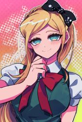 Rule 34 | 1girl, arm at side, back bow, black bow, blonde hair, blue eyes, blush, bow, breasts, commentary request, danganronpa (series), danganronpa v3: killing harmony, dress, green dress, green eyes, hair bow, hair ornament, hand up, large breasts, long hair, looking at viewer, orange background, outline, pink background, ponytail, puffy short sleeves, puffy sleeves, red bow, red neckwear, sasakama (sasagaki01), shirt, short sleeves, smile, solo, sonia nevermind, upper body, white outline, white shirt
